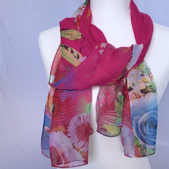 Bright pink long scarf. Peacock feathers/f… - Picture 2 of 7